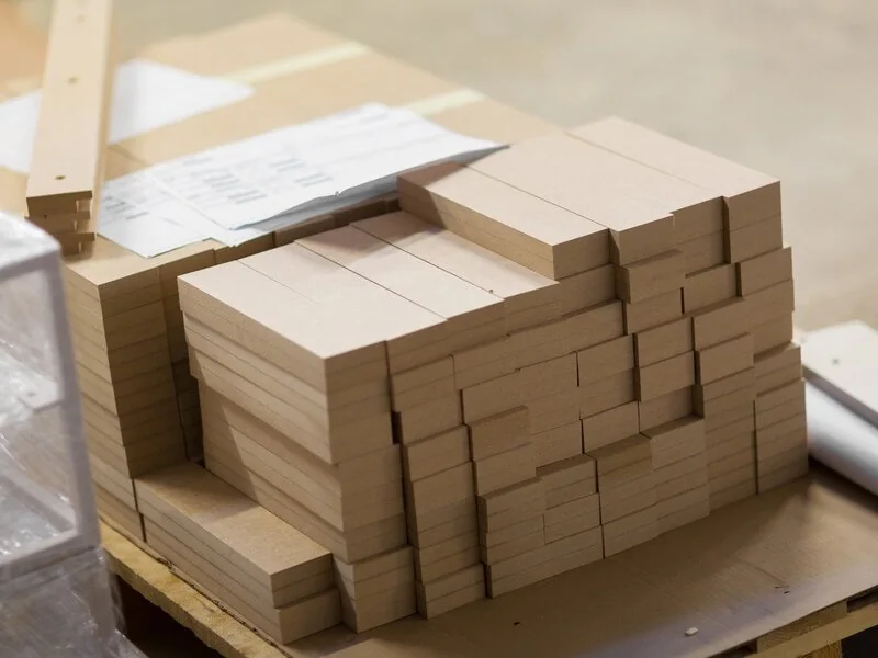 Cut MDF panels stacked in rectangular furniture component sizes
